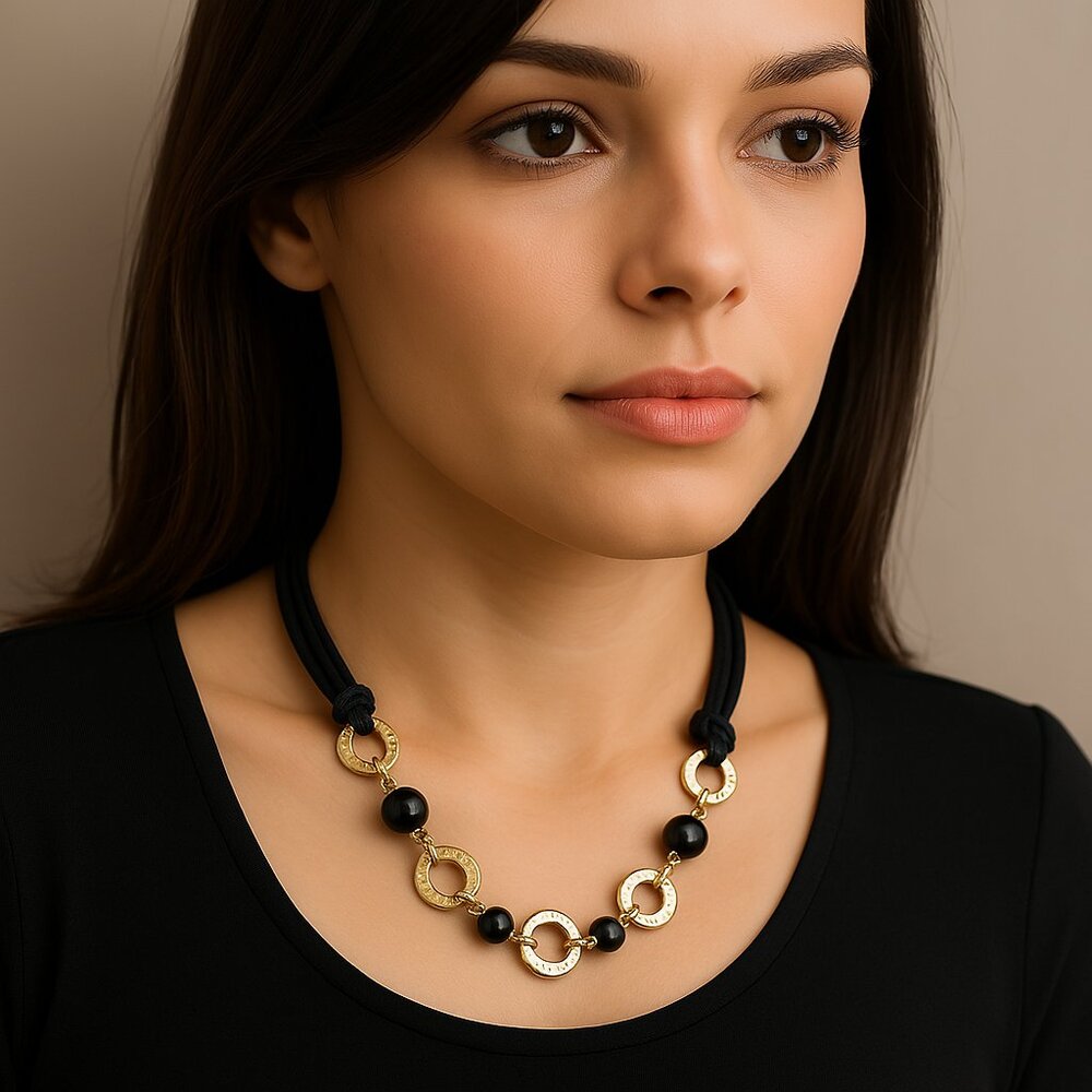 Gold Multi-Strand Black Rope Hoops Beaded Statement Necklace – Fashion Jewelry